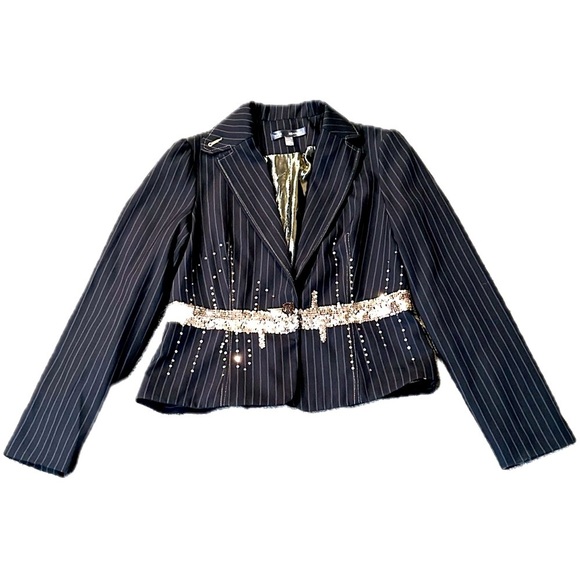 👔✨ TRUE MEANING Black Pinstripe Sequin Waist Blazer Jacket | Women’s 10 - Picture 1 of 9